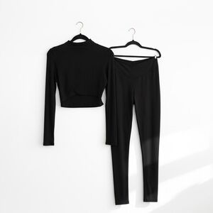 Naked Wardrobe Black Two-Piece Set • Mock Neck Crop Top & Leggings